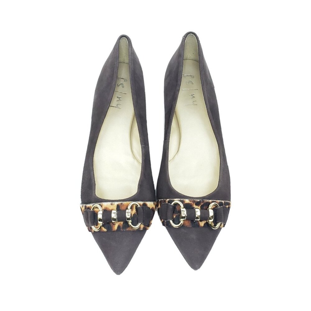 FS/NY Pointed Toe Flats Brown Suede Leopard Buckle Womens EU 40.5 US 9.5